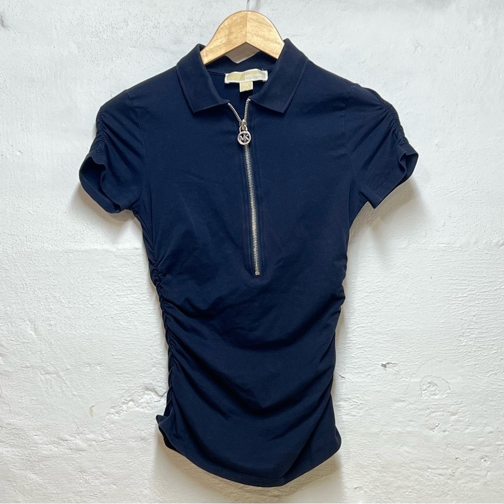 Y2K Michael Michael Kors Navy Blue Ruched Quarter Zip Polo Top XS MK Logo Charm